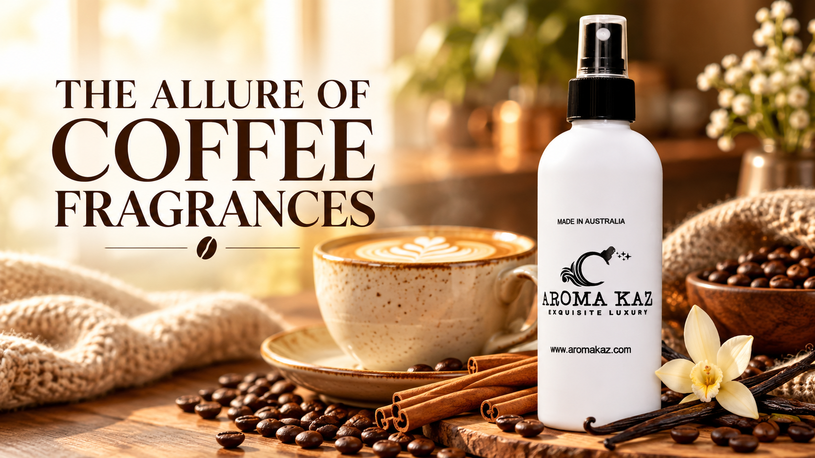 Aroma Kaz body spray surrounded by roasted coffee beans, vanilla pods and cinnamon beside a warm cup of coffee