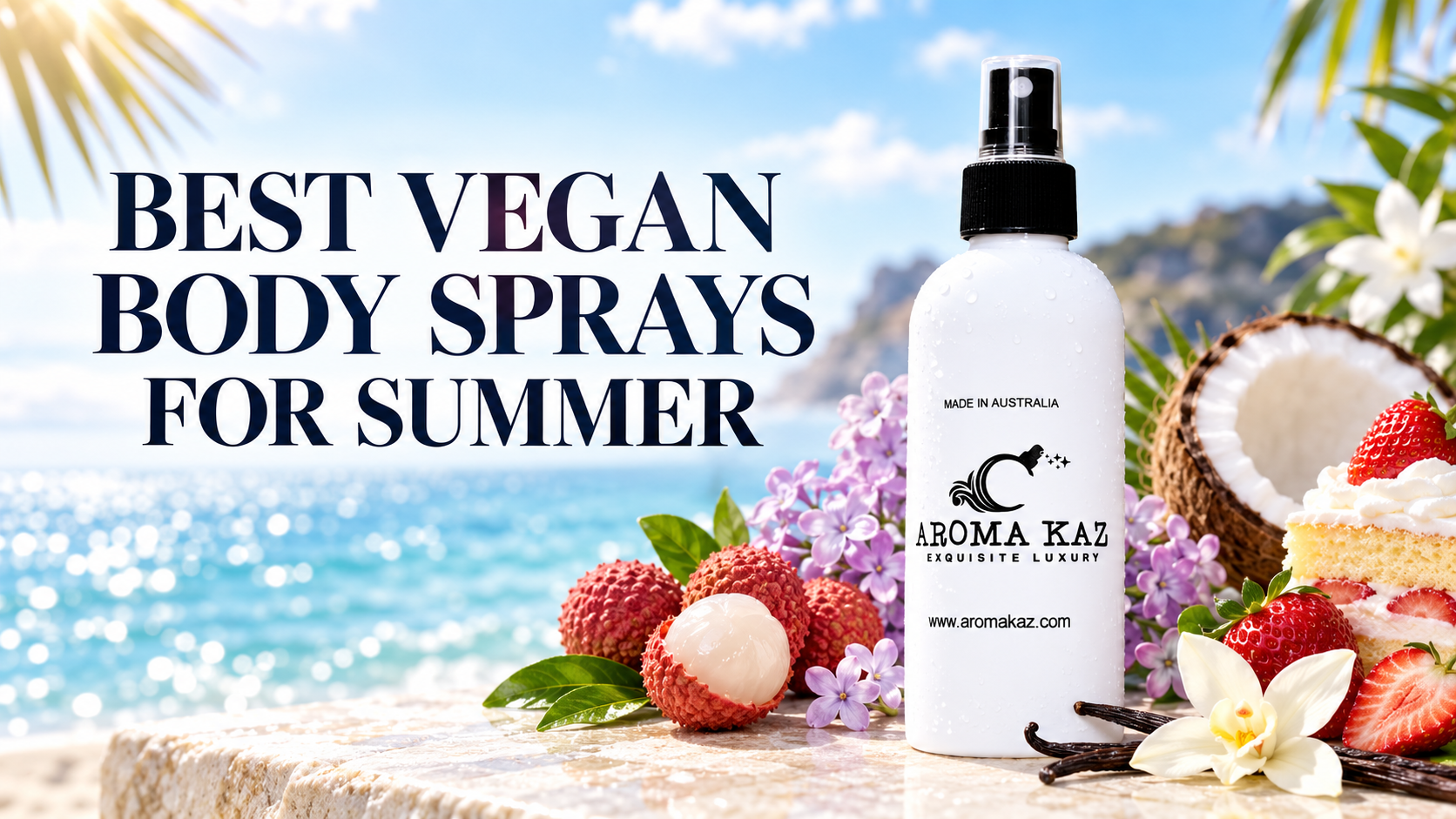 Aroma Kaz vegan body spray with fresh summer fragrance ingredients including lychee, lilac, coconut, vanilla and strawberry