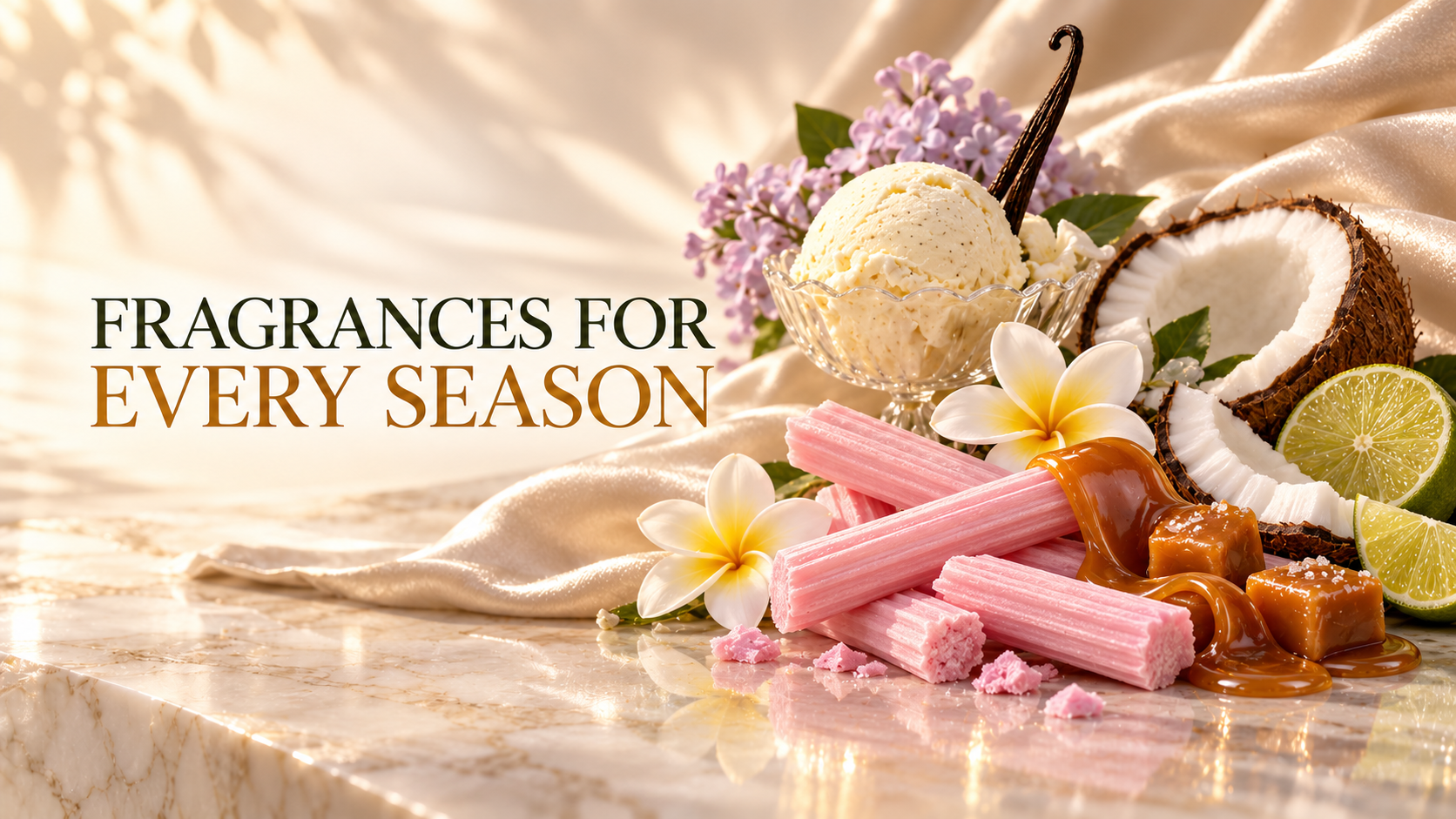 Luxury seasonal fragrance display with spring blossoms, summer citrus, autumn leaves and winter spices.