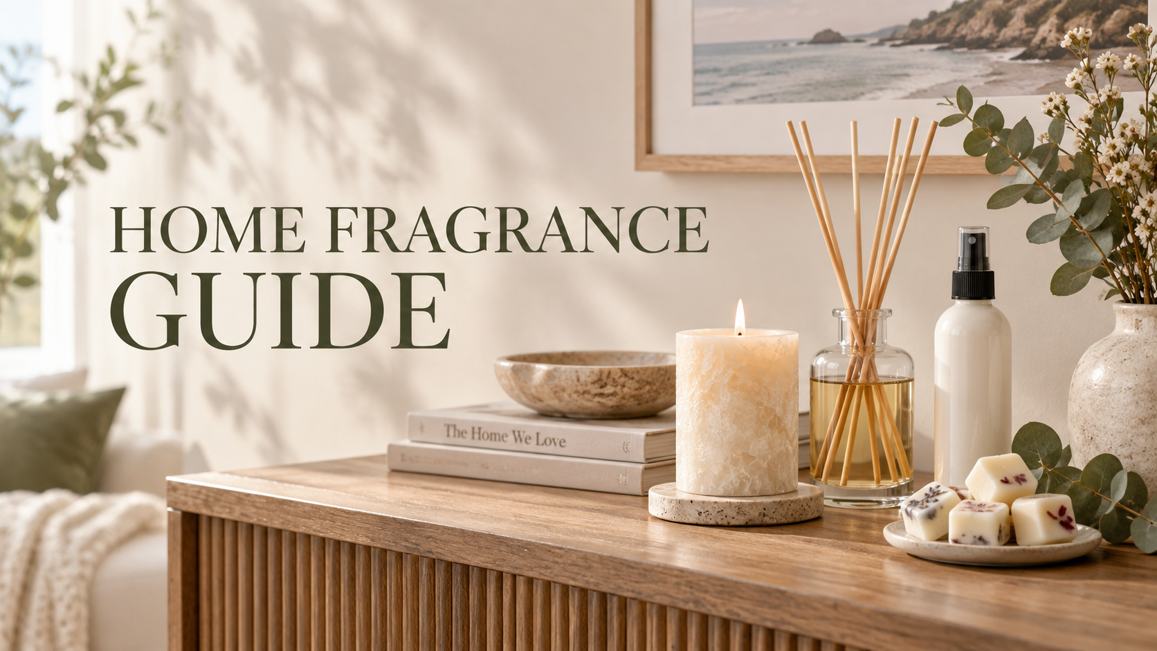 Aroma Kaz home-fragrance guide featuring a room spray, reed diffuser, palm-wax pillar candle and soy wax melts.
