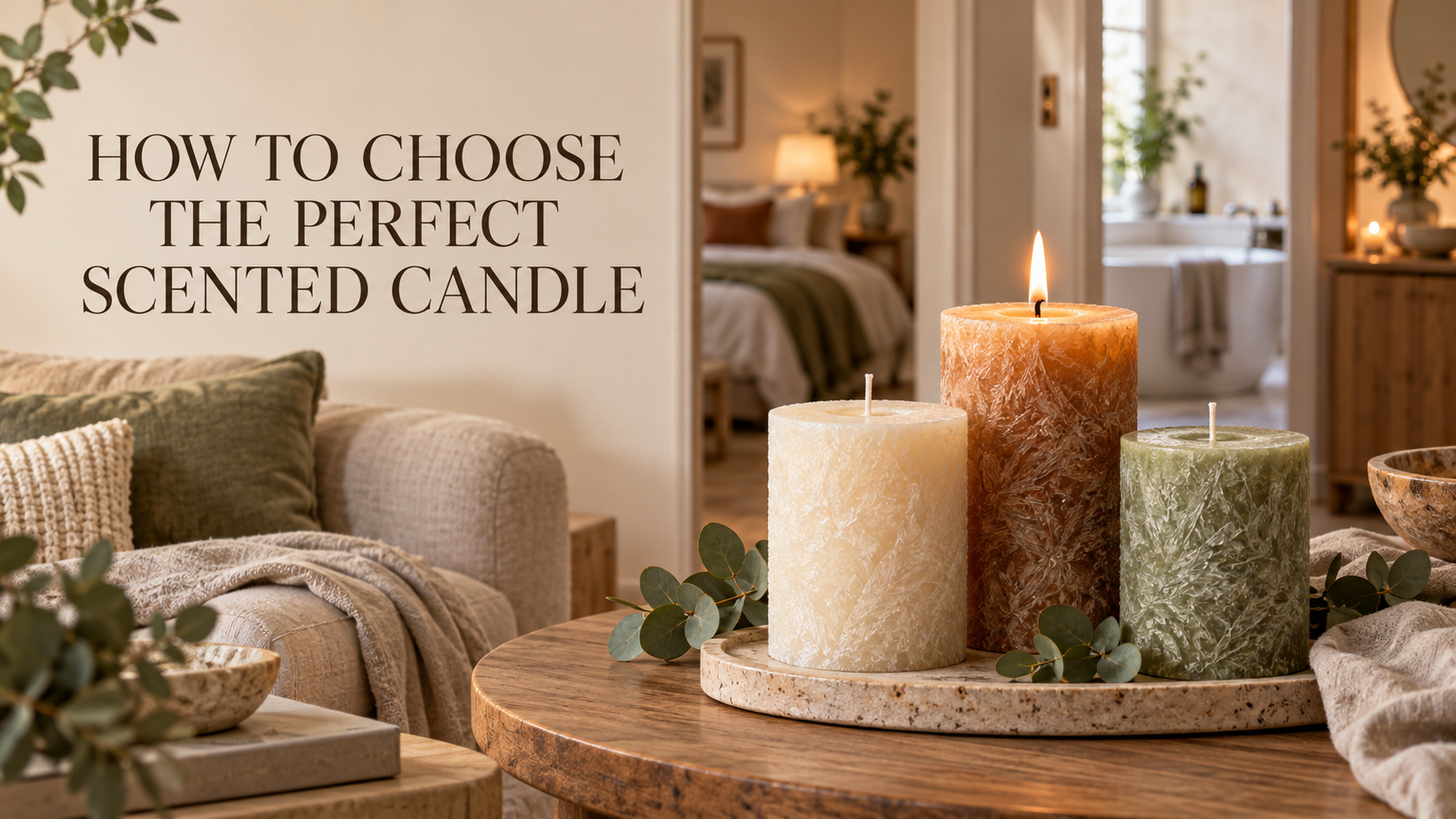 Handcrafted palm-wax pillar candles with a crystalline finish displayed in a warm living room with bedroom and bathroom areas nearby