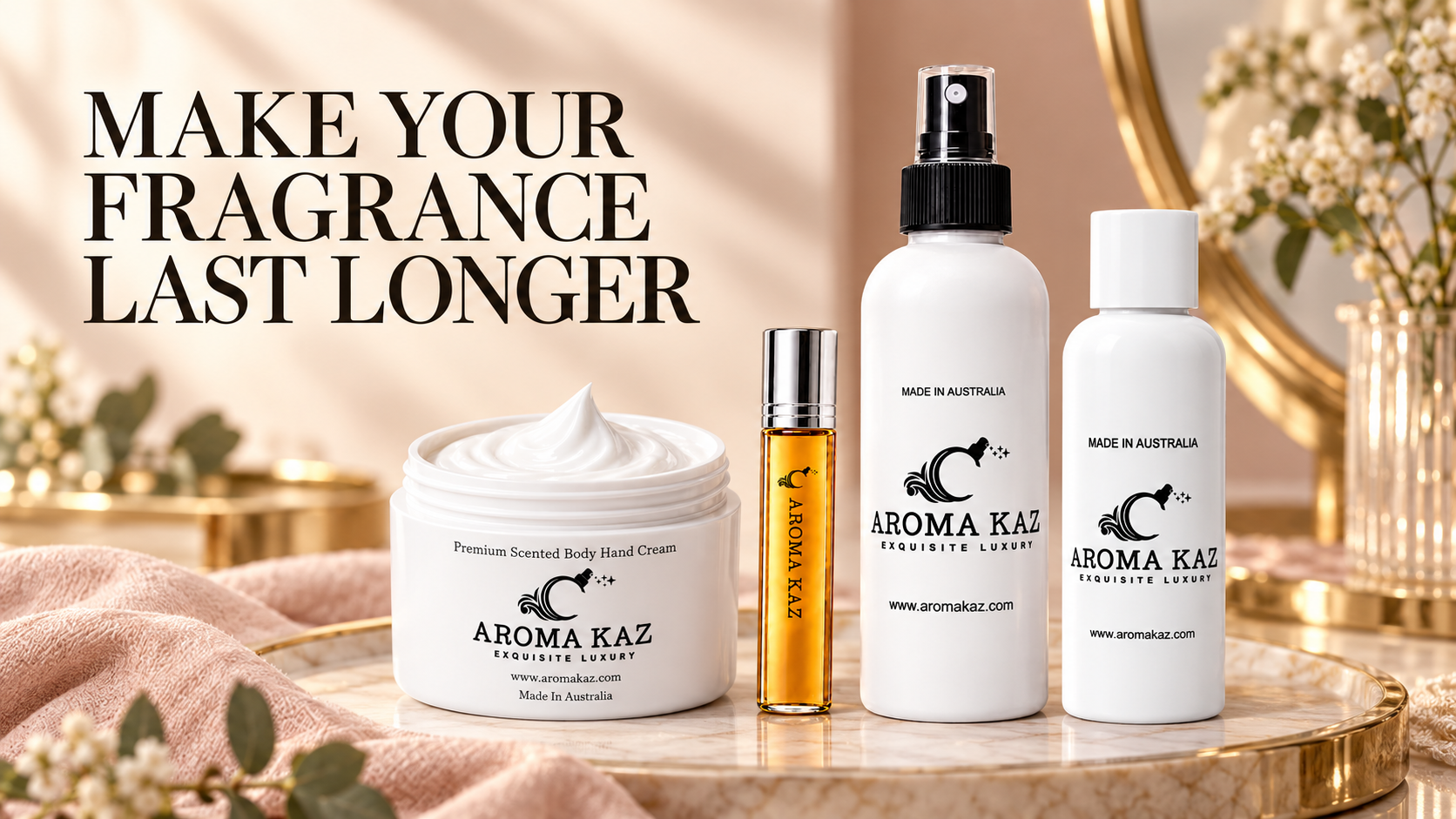 Aroma Kaz body spray and roll-on fragrance oil surrounded by complementary warm vanilla, sandalwood, lilac and lychee fragrance notes