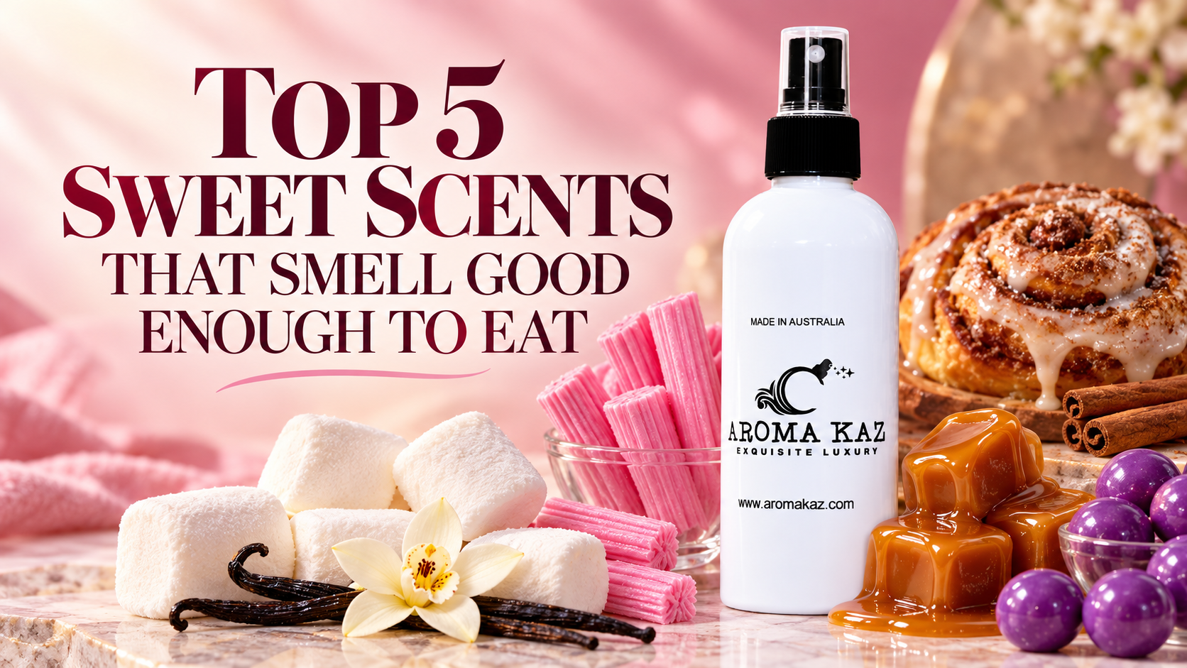 Aroma Kaz body spray surrounded by vanilla marshmallows, pink musk sticks, vanilla caramel, grape bubblegum and cinnamon buns
