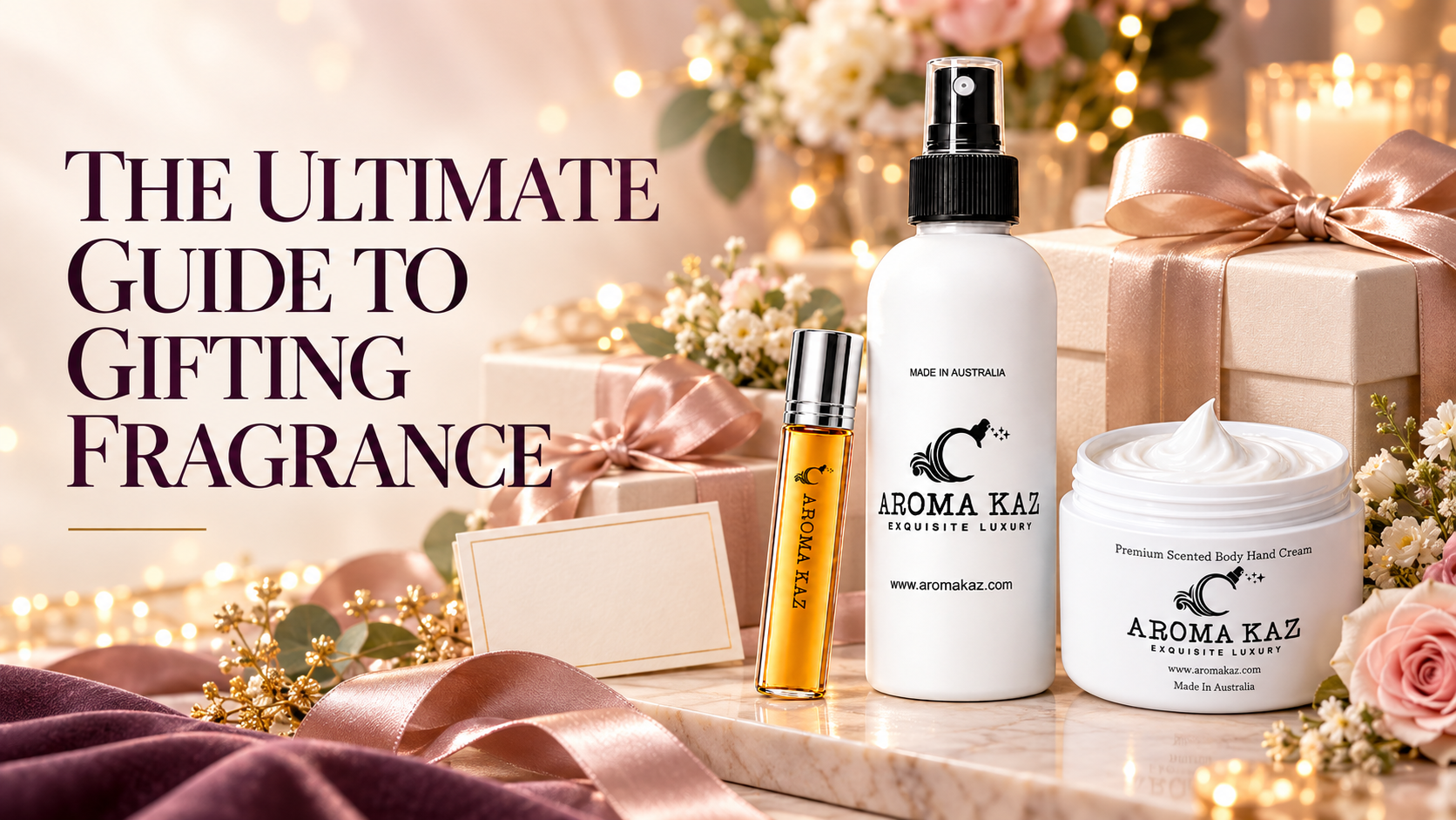 Aroma Kaz body spray, roll-on fragrance oil and body cream arranged with elegant wrapped fragrance gifts