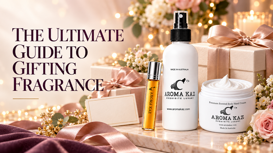 Aroma Kaz body spray, roll-on fragrance oil and body cream arranged with elegant wrapped fragrance gifts