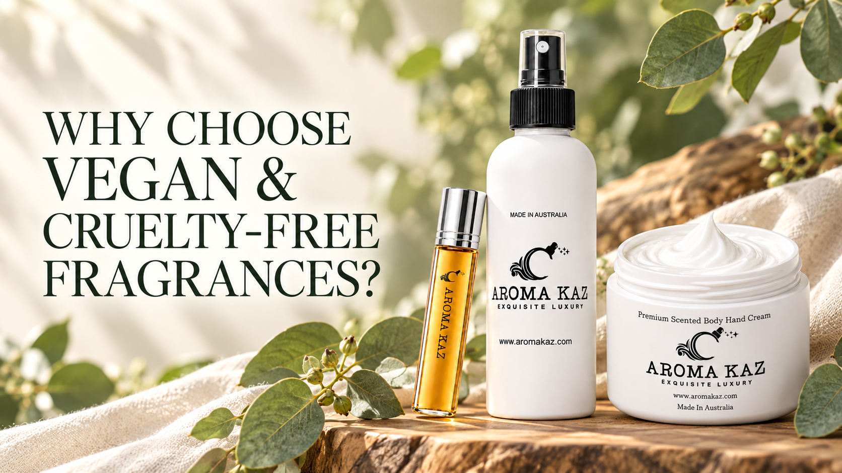 Aroma Kaz body spray, roll-on fragrance oil and body cream displayed with eucalyptus leaves in a natural Australian setting