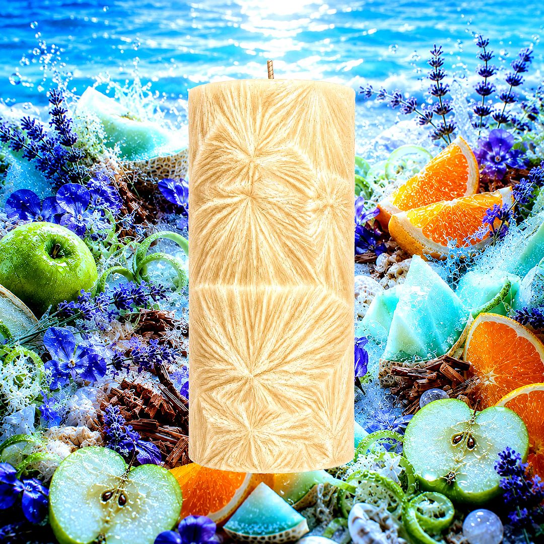 Ocean Whispers plant based Pillar Candle – vegan, cruelty-free featuring fresh sea breeze and soft aquatic notes, handmade in Australia.