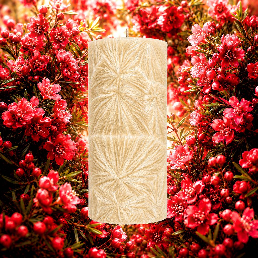 Australian Red Boronia plant based Pillar Candle – vegan, cruelty-free featuring rich native floral aroma, handmade in Australia.