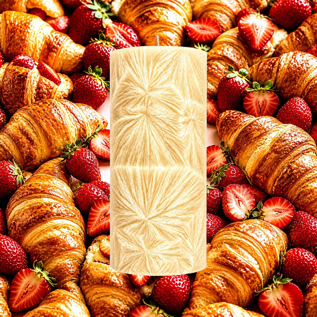 Strawberry Croissants plant based Pillar Candle – vegan, cruelty-free featuring flaky pastry and sweet strawberry filling, handmade in Australia.
