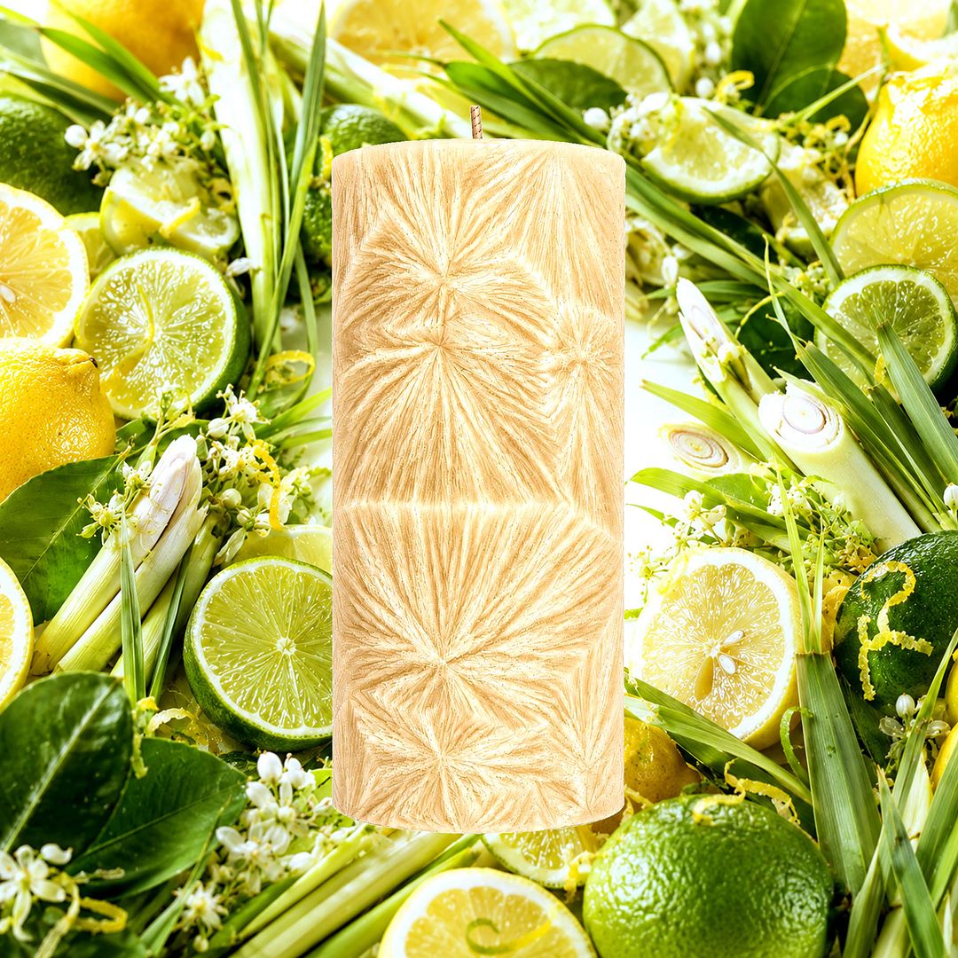 Lemongrass & Limes plant based Pillar Candle – vegan, cruelty-free featuring zesty lime and citrus lemongrass, handmade in Australia.