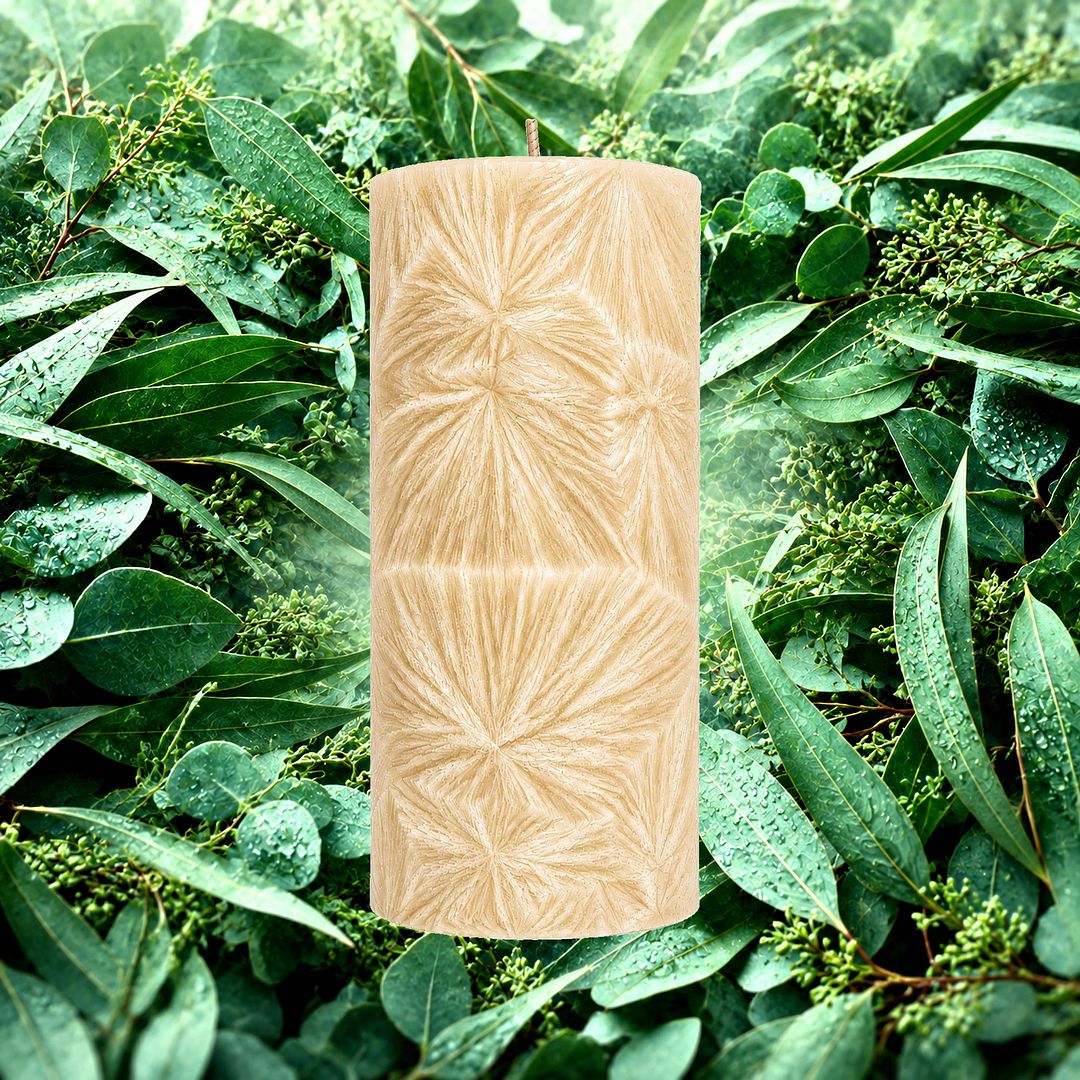 Australian Eucalyptus plant based Pillar Candle – vegan, cruelty-free featuring refreshing eucalyptus aroma, handmade in Australia.