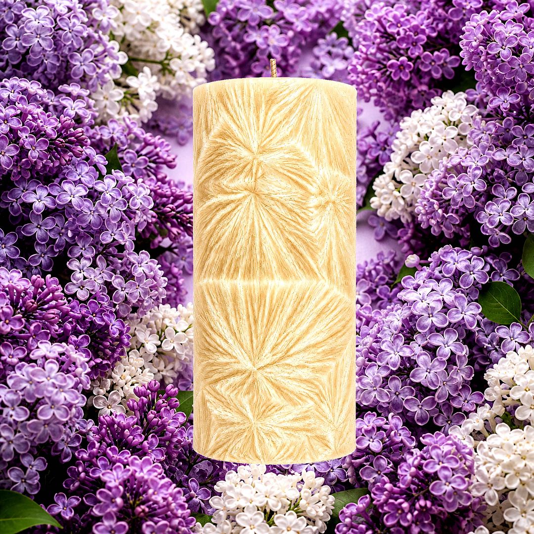 Fresh Lilac plant based Pillar Candle – vegan, cruelty-free featuring romantic lilac blossoms, handmade in Australia.