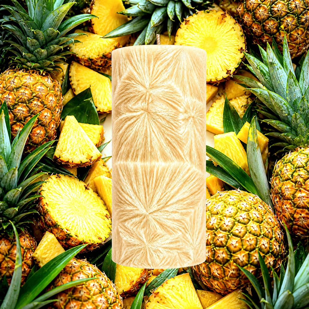Fresh Pineapples plant based Pillar Candle – vegan, cruelty-free featuring juicy sweet pineapple notes, handmade in Australia.