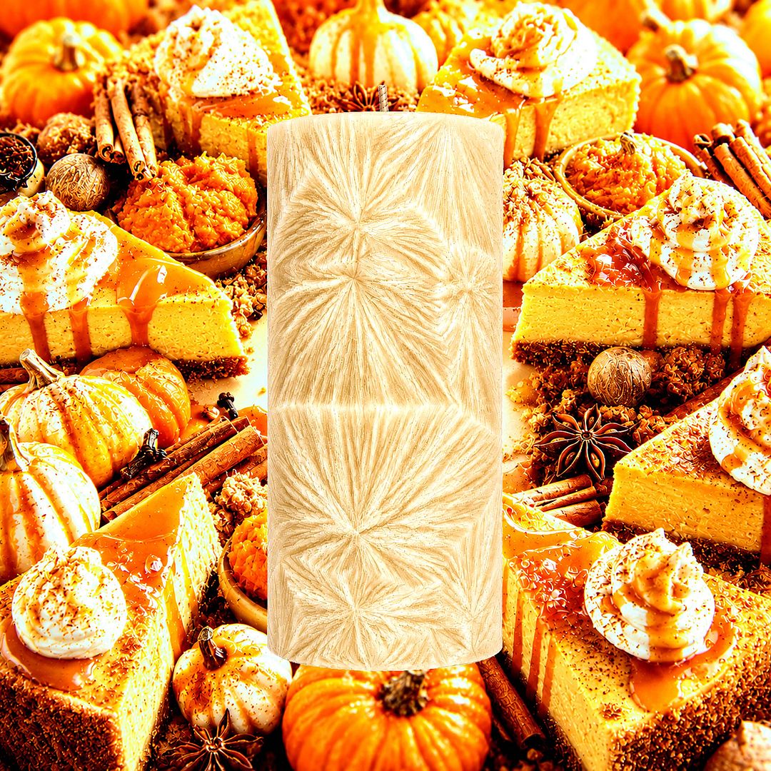 Pumpkin Cheesecake plant based Pillar Candle – vegan, cruelty-free featuring creamy spiced pumpkin dessert aroma, handmade in Australia.