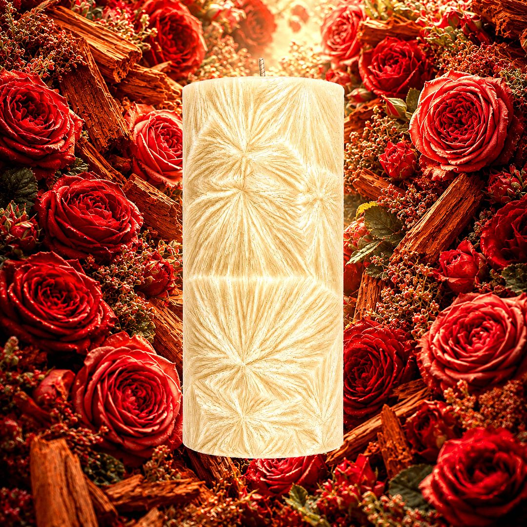 Sandalwood Rose plant based Pillar Candle – vegan, cruelty-free featuring smooth sandalwood and romantic roses, handmade in Australia.