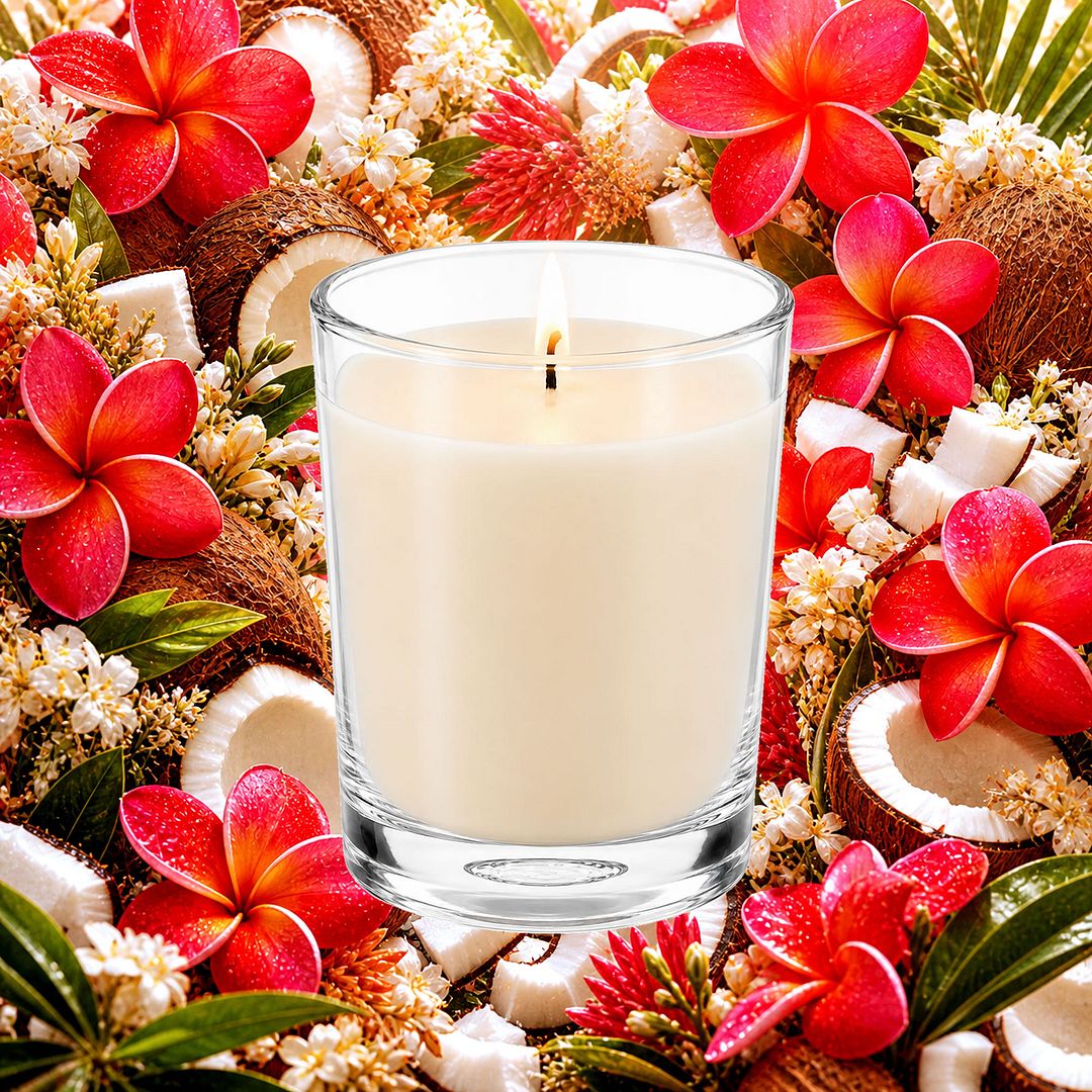 Coconut Frangipani Scented Votive Candles eco soy plant based – vegan, cruelty-free featuring tropical coconut and frangipani floral blend, handmade in Australia.