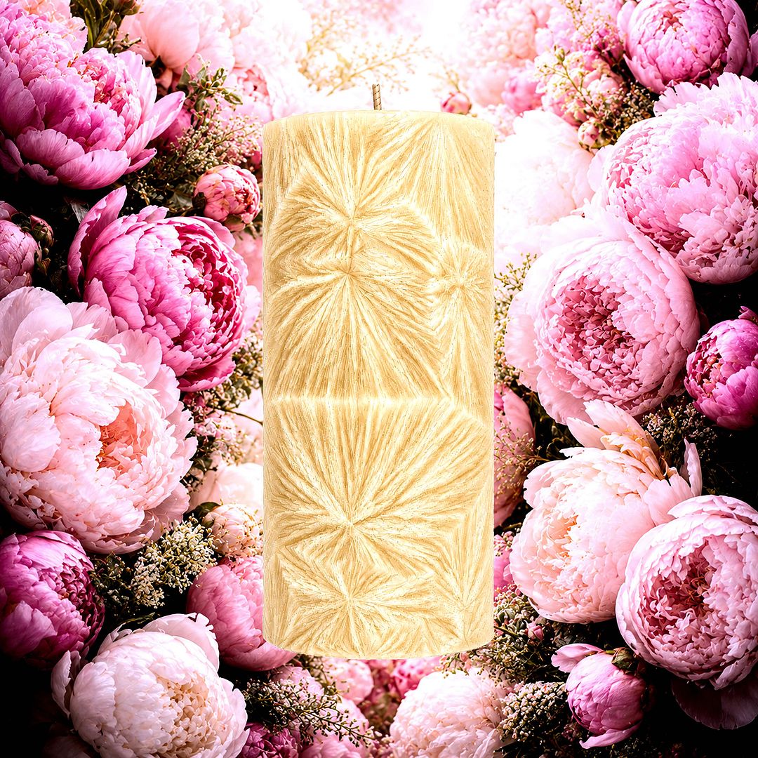 Peony plant based Pillar Candle – vegan, cruelty-free featuring soft romantic peony blossoms, handmade in Australia.