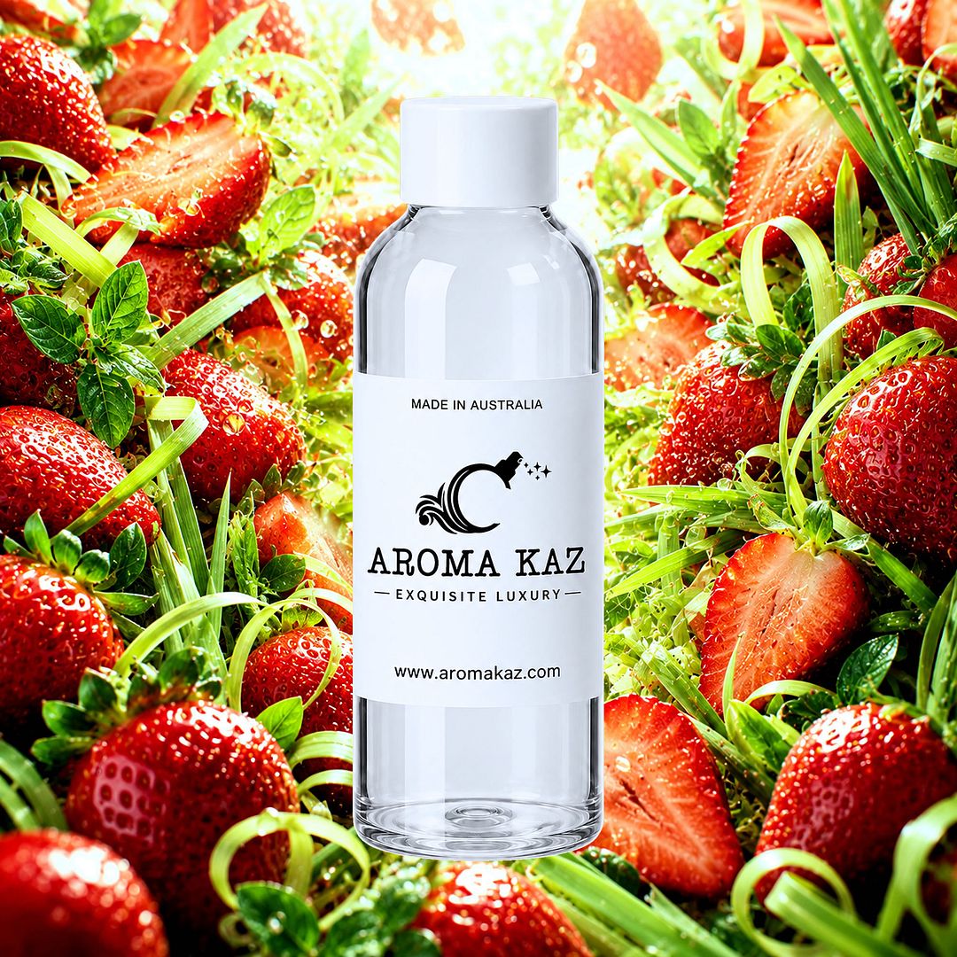 Strawberry Lemongrass fragrance oil for candle making, soap making and perfume blending – vegan, cruelty-free featuring juicy strawberries and zesty citrus lemongrass, handmade in Australia.