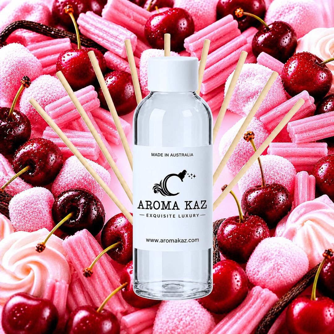 Cherry Musk Vanilla Diffuser Fragrance Oil Refill – vegan, cruelty-free featuring cherry, vanilla and pink sugar musk blend, handmade in Australia.