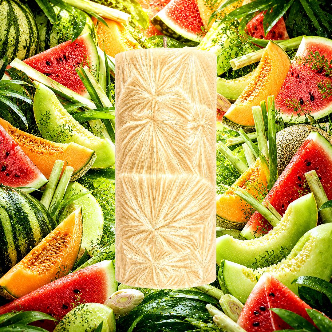 Lemongrass & Wild Melons plant based Pillar Candle – vegan, cruelty-free featuring tropical melon and citrus lemongrass notes, handmade in Australia.
