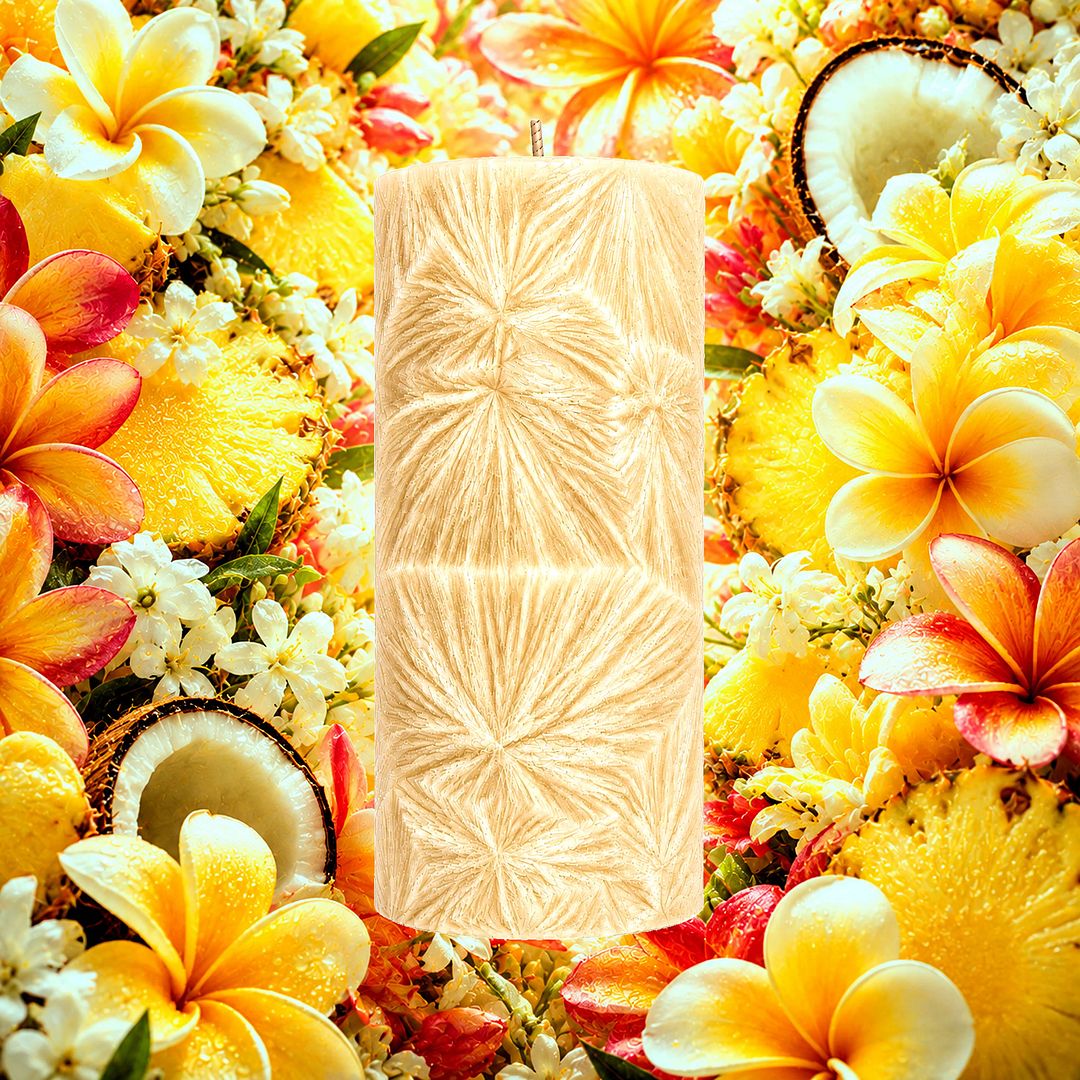 Tahitian Frangipani plant based Pillar Candle – vegan, cruelty-free featuring sweet tropical fruits and frangipani blossoms, handmade in Australia.