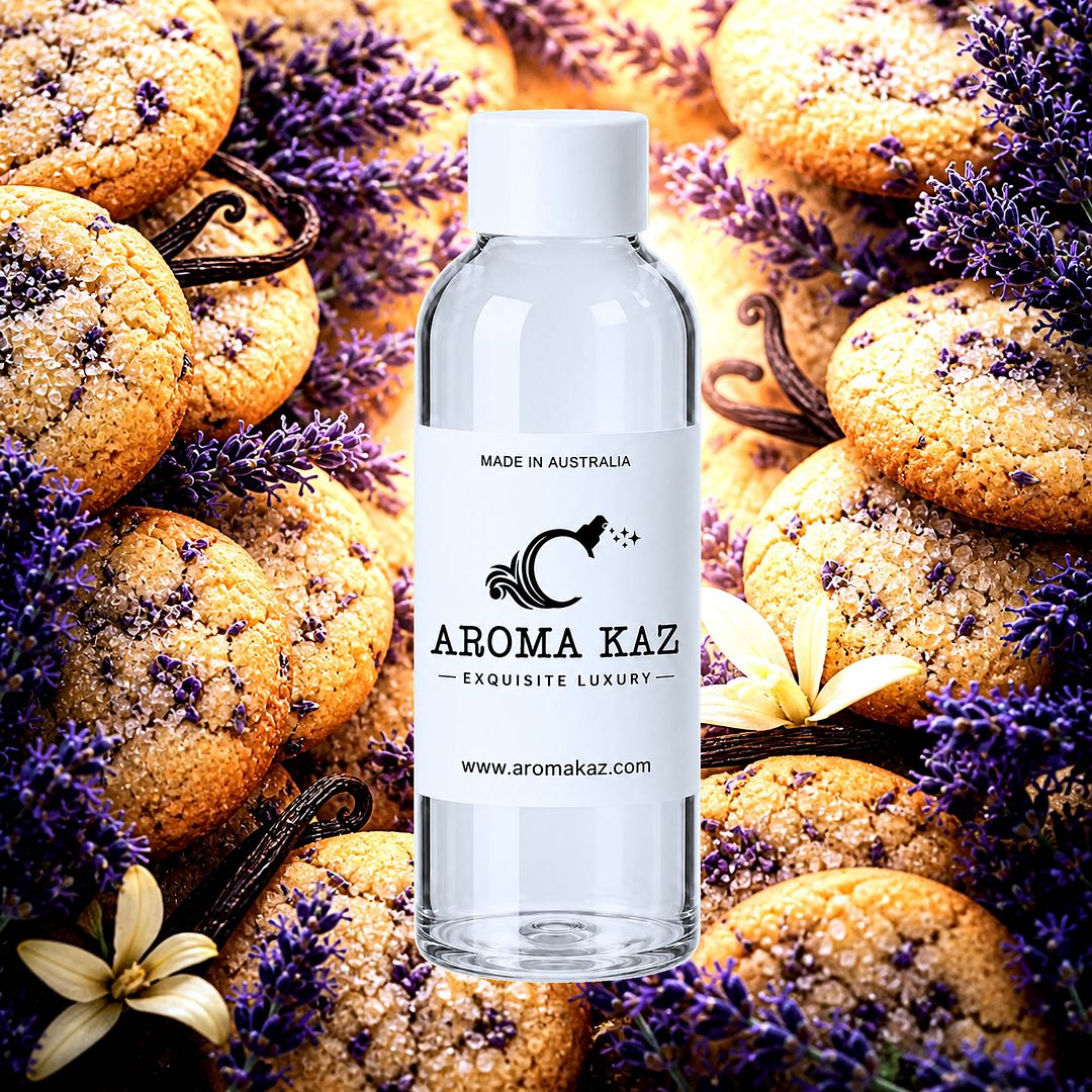 Lavender Cookies fragrance oil for candle making, soap making and perfume blending – vegan, cruelty-free featuring sweet vanilla cookies and a floral lavender aroma, handmade in Australia.