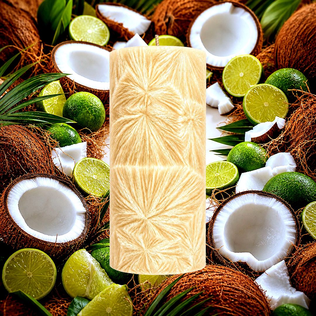 Coconut & Lime plant based Pillar Candle – vegan, cruelty-free featuring tropical coconut and zesty lime blend, handmade in Australia.