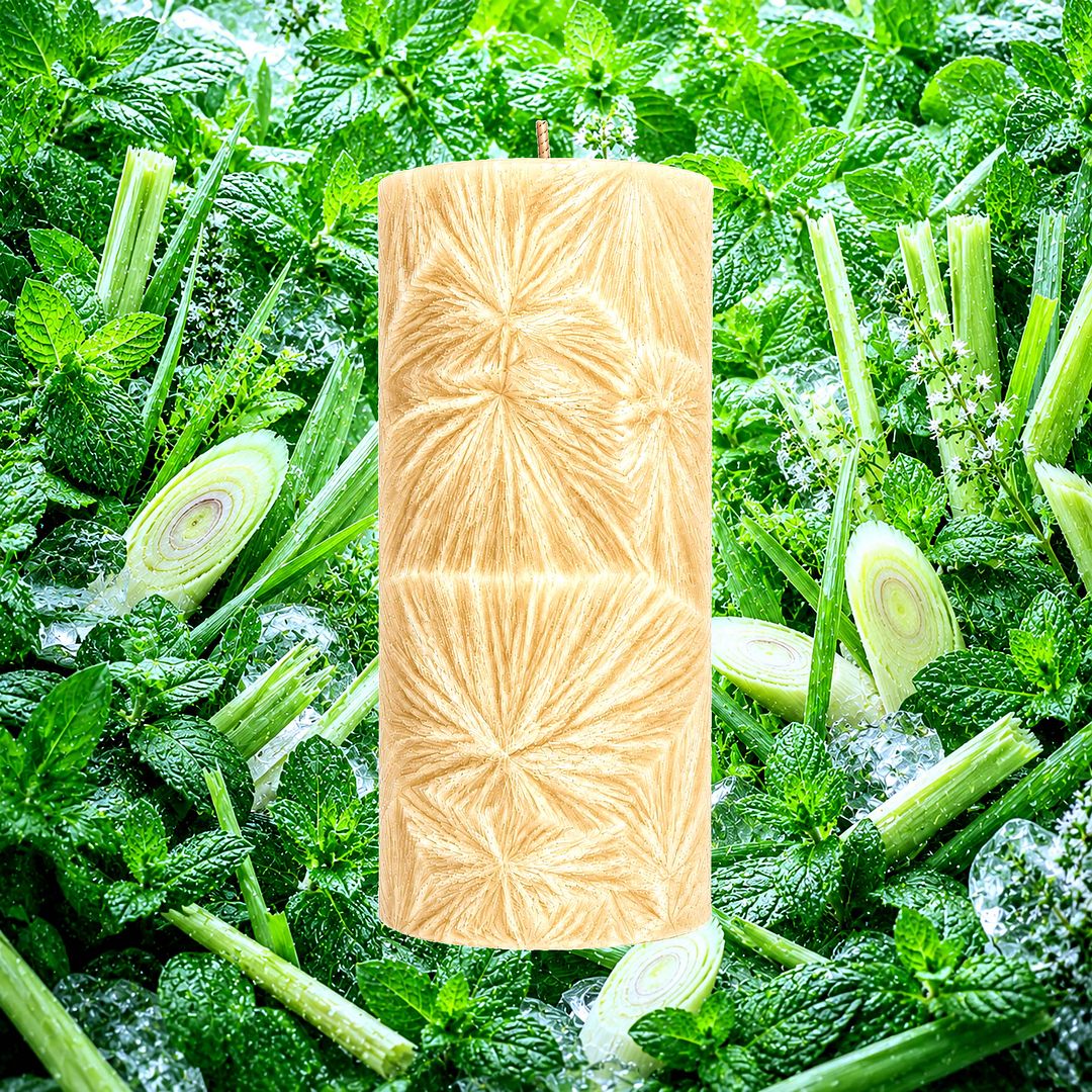 Lemongrass & Wild Mint plant based Pillar Candle – vegan, cruelty-free featuring cool wild mint and uplifting lemongrass, handmade in Australia.