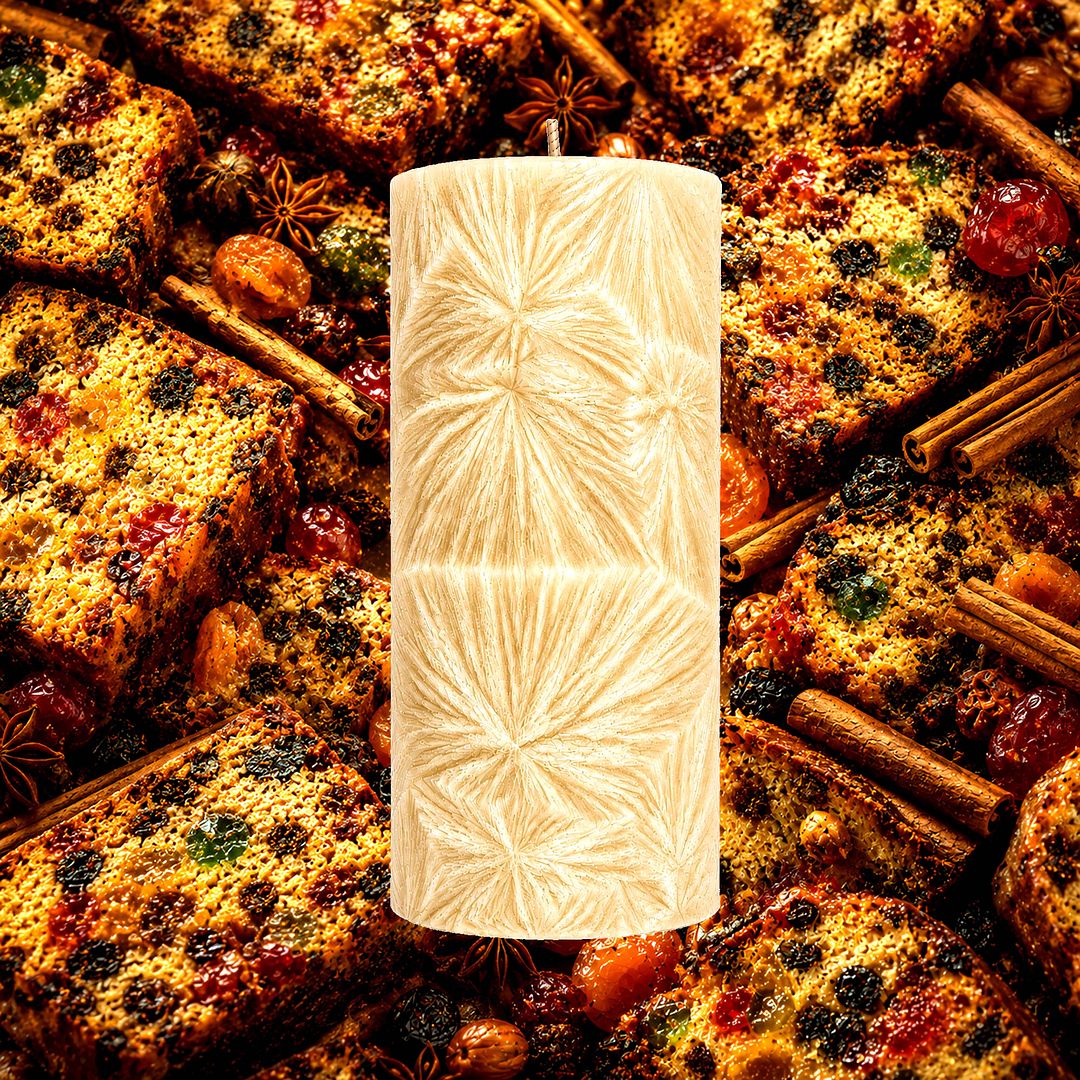Fruit Cake plant based Pillar Candle – vegan, cruelty-free featuring rich spiced fruit and dessert notes, handmade in Australia.