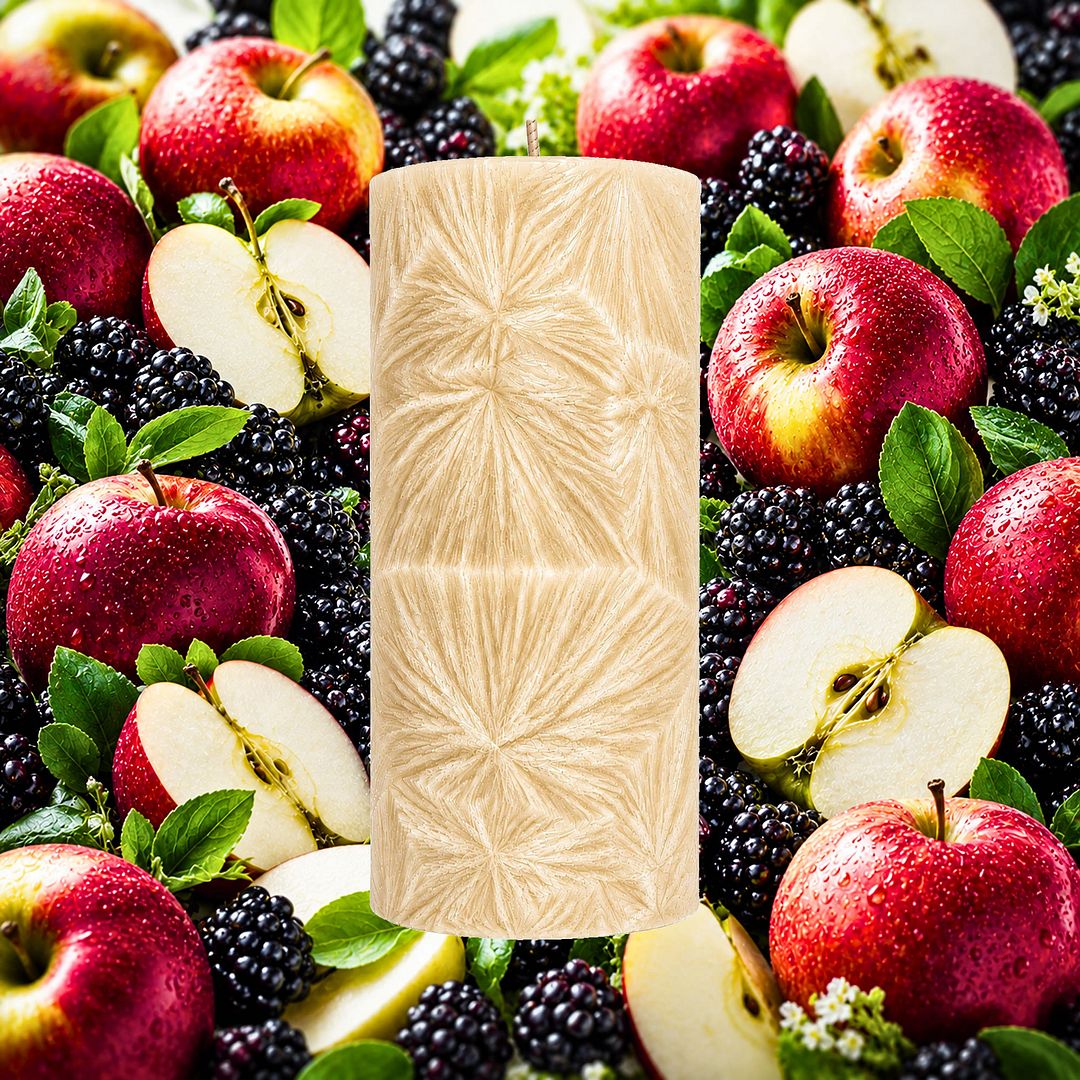 Apples & Blackberries plant based Pillar Candle – vegan, cruelty-free featuring juicy mixed berry apple fragrance, handmade in Australia.