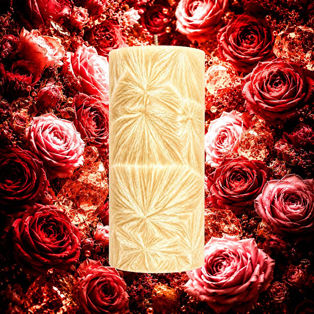 Rose Musk plant based Pillar Candle – vegan, cruelty-free featuring romantic rose and smooth sensual musk, handmade in Australia.