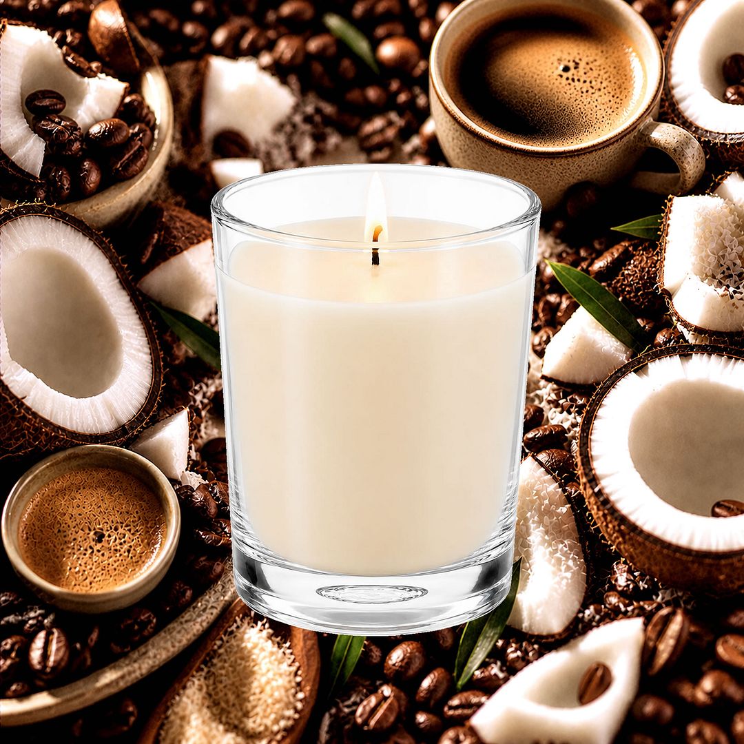 Coffee & Coconut Scented Votive Candles eco soy plant based – vegan, cruelty-free featuring bold roasted coffee with tropical coconut, handmade in Australia.