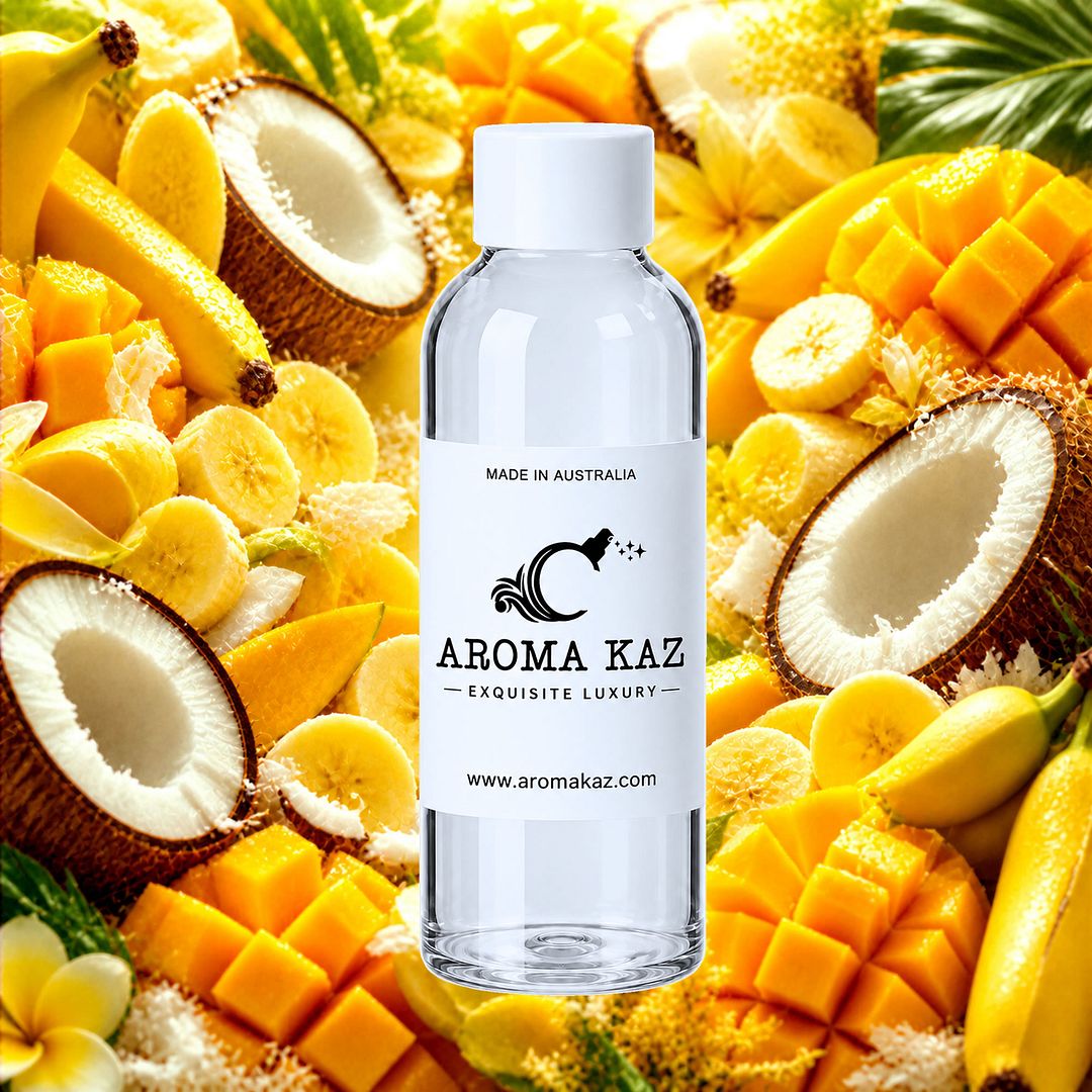 Banana Coconut & Mango fragrance oil for candle making, soap making and perfume blending – vegan, cruelty-free featuring tropical banana, coconut and mango fragrance, handmade in Australia.