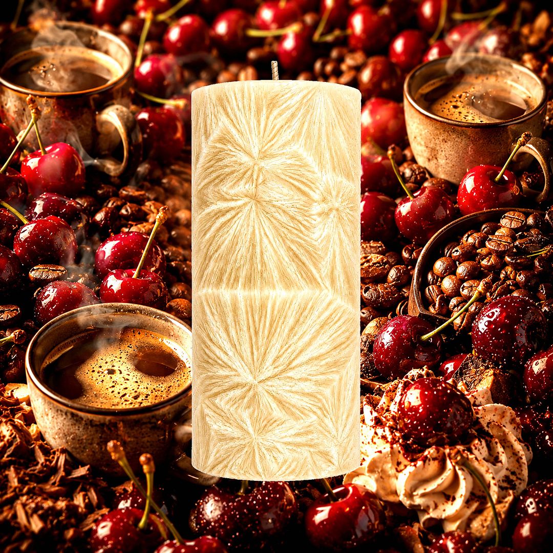 Cherry Coffee plant based Pillar Candle – vegan, cruelty-free featuring bold coffee with sweet cherry notes, handmade in Australia.