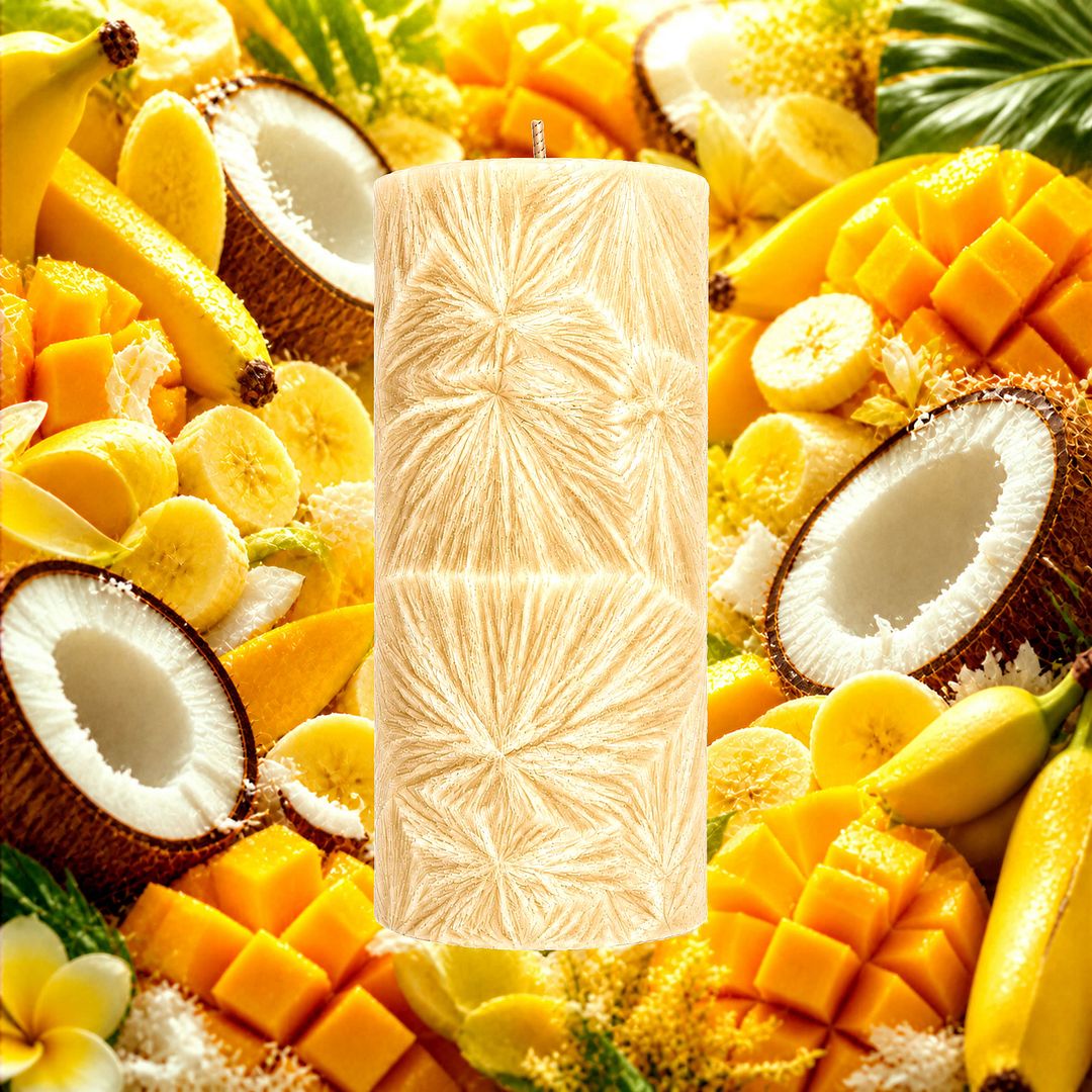 Banana Coconut & Mango plant based Pillar Candle – vegan, cruelty-free featuring tropical banana, coconut and mango fragrance, handmade in Australia.