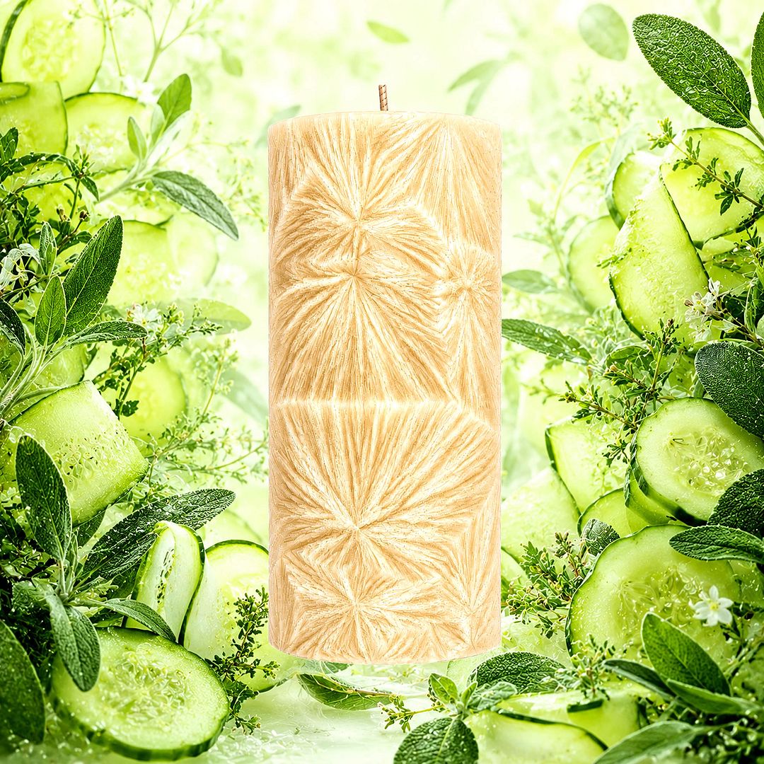 Cool Cucumber & Wild Sage plant based Pillar Candle – vegan, cruelty-free featuring crisp cucumber and earthy sage notes, handmade in Australia.
