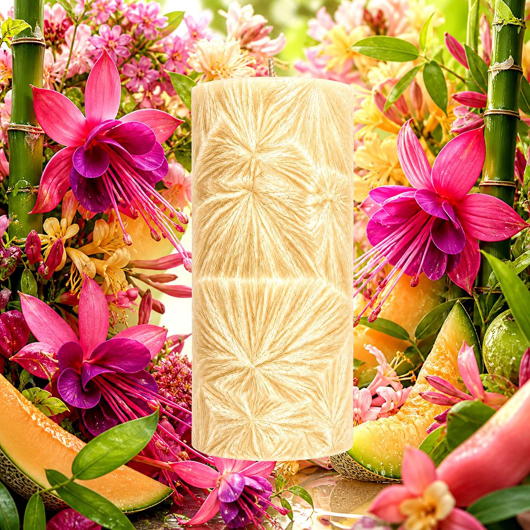 Fuchsia & Honeysuckle plant based Pillar Candle – vegan, cruelty-free featuring bright floral fuchsia and sweet honeysuckle, handmade in Australia.