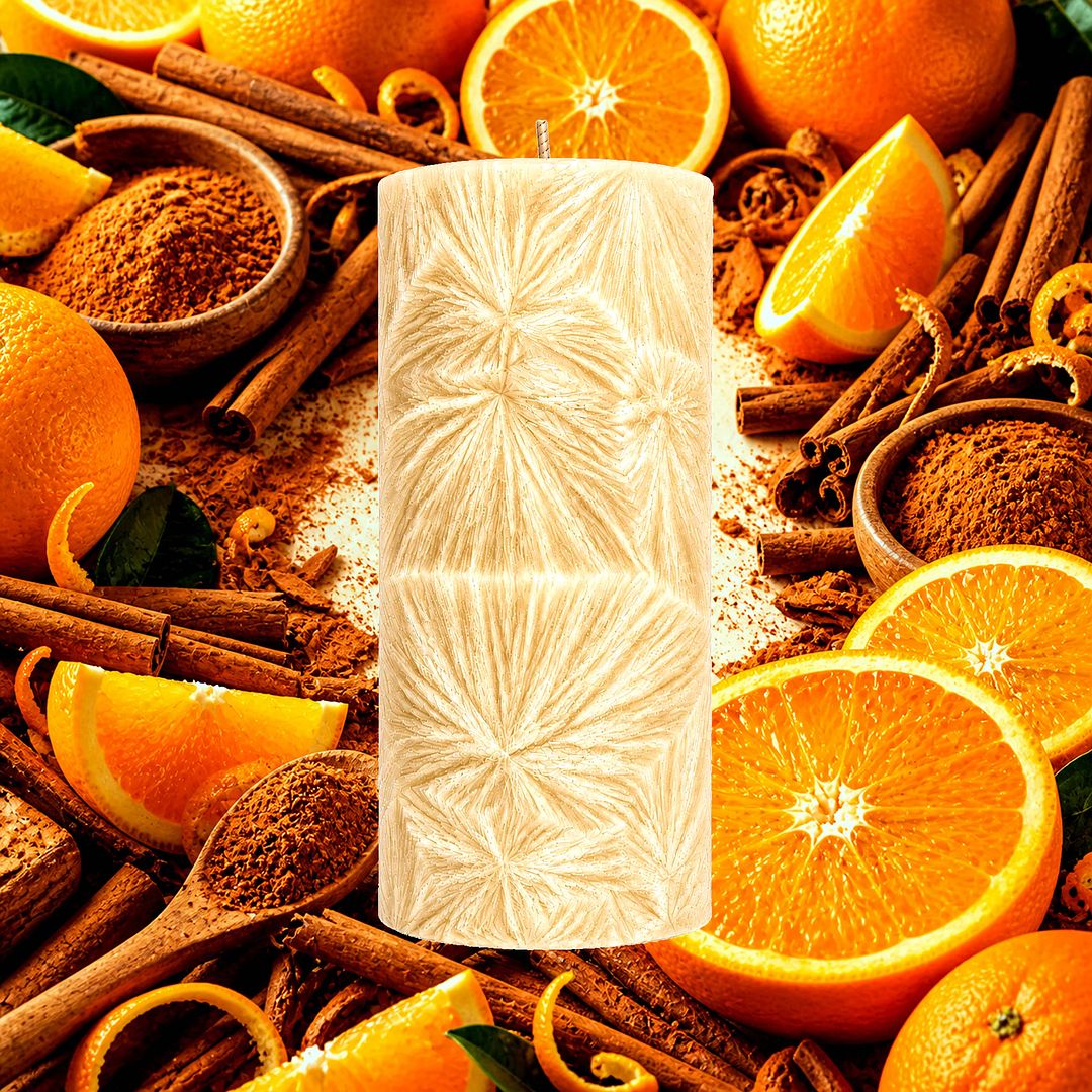 Cinnamon & Sweet Orange plant based Pillar Candle – vegan, cruelty-free featuring citrus and warm cinnamon spice blend, handmade in Australia.