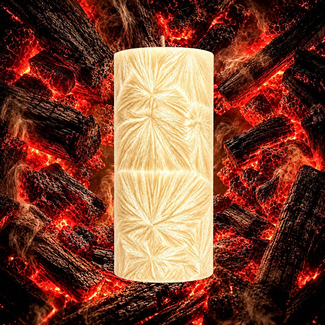 Firewood & Woodsmoke plant based Pillar Candle – vegan, cruelty-free featuring rich smoky firewood and glowing embers, handmade in Australia.