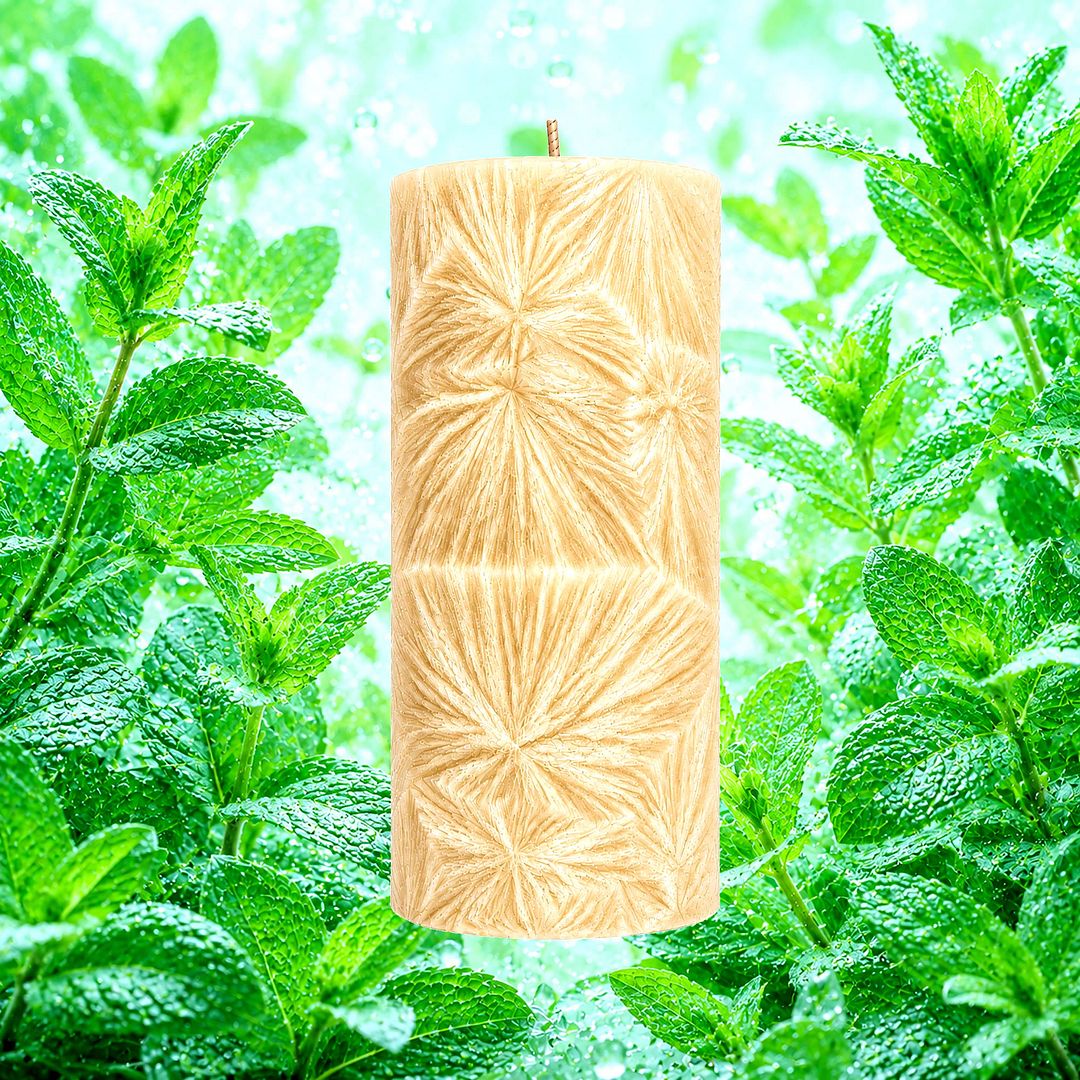 Fresh Spearmint plant based Pillar Candle – vegan, cruelty-free featuring crisp spearmint, handmade in Australia.