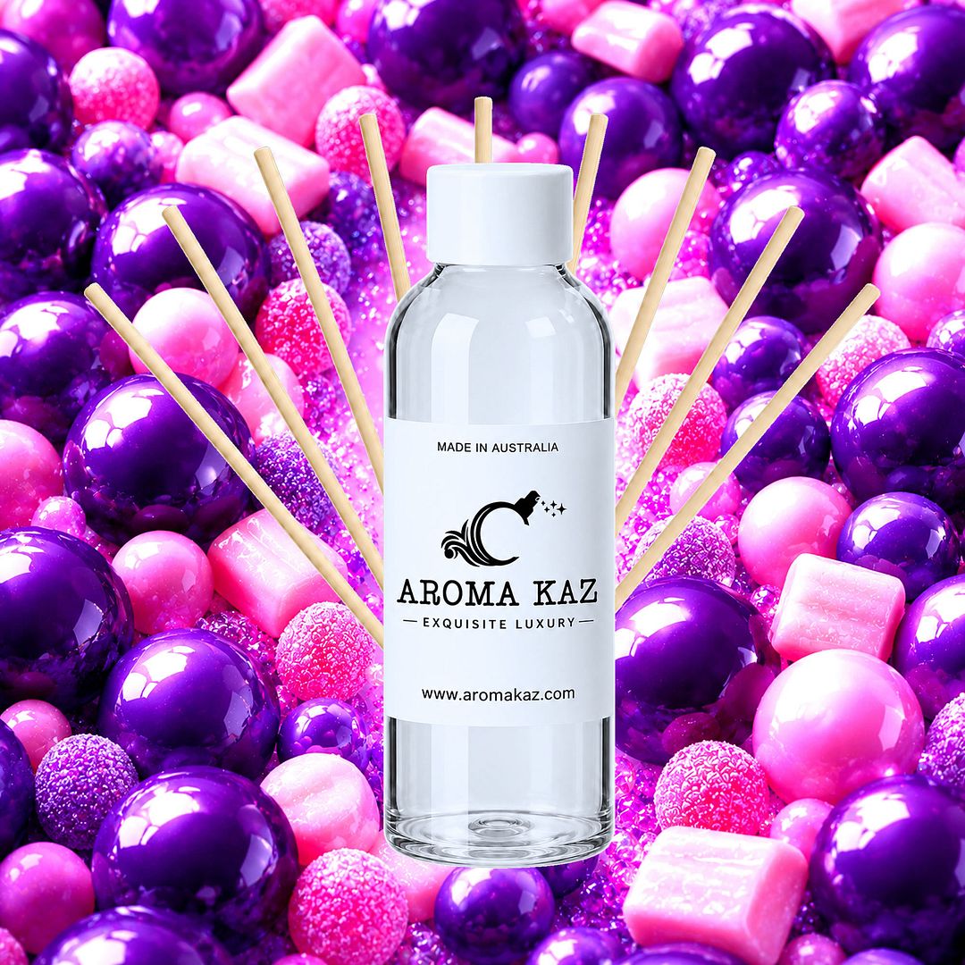 Grape Bubblegum Diffuser Fragrance Oil Refill – vegan, cruelty-free featuring sweet grape candy bubblegum aroma, handmade in Australia.