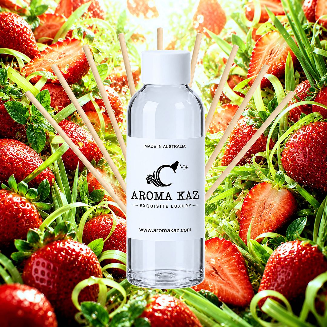Strawberry Lemongrass Diffuser Fragrance Oil Refill – vegan, cruelty-free featuring juicy strawberries and zesty citrus lemongrass, handmade in Australia.