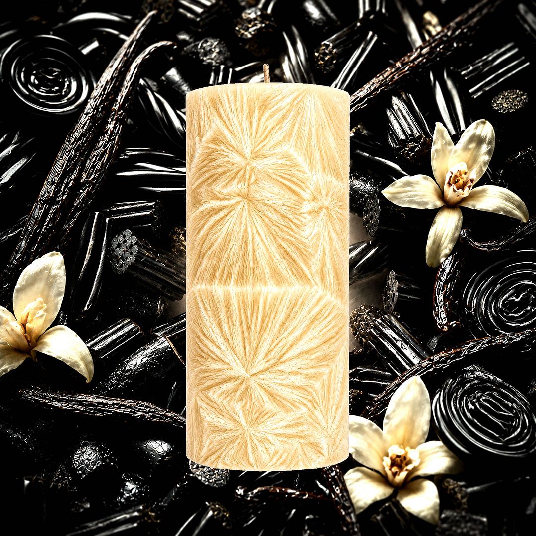 Black Licorice & Vanilla plant based Pillar Candle – vegan, cruelty-free featuring with sweet vanilla and bold licorice notes, handmade in Australia.