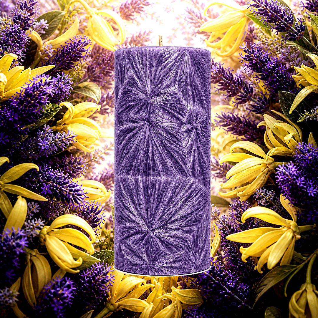 Lavender & Ylang Ylang plant based Pillar Candle – vegan, cruelty-free featuring floral lavender and sensual exotic ylang ylang, handmade in Australia.