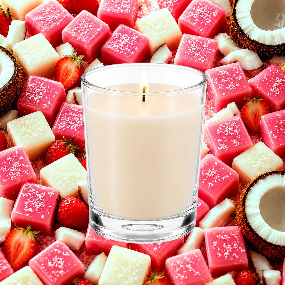 Coconut Ice Scented Votive Candles eco soy plant based – vegan, cruelty-free featuring sweet coconut candy aroma, handmade in Australia.