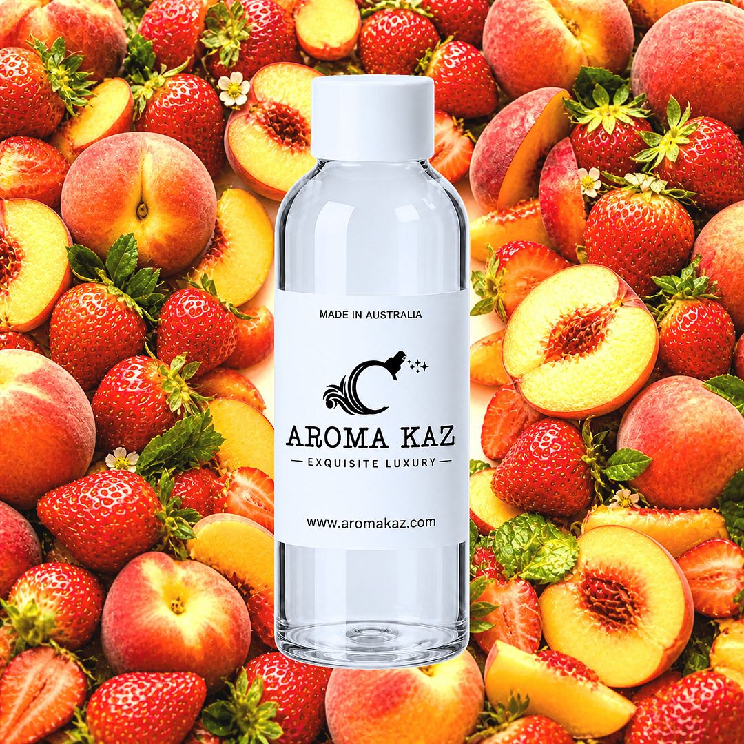 Strawberry Peaches fragrance oil for candle making, soap making and perfume blending – vegan, cruelty-free featuring ripe peaches and juicy strawberries, handmade in Australia.