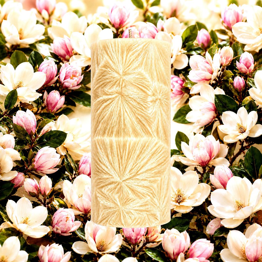 Magnolia plant based Pillar Candle – vegan, cruelty-free featuring classic magnolia blossom florals, handmade in Australia.