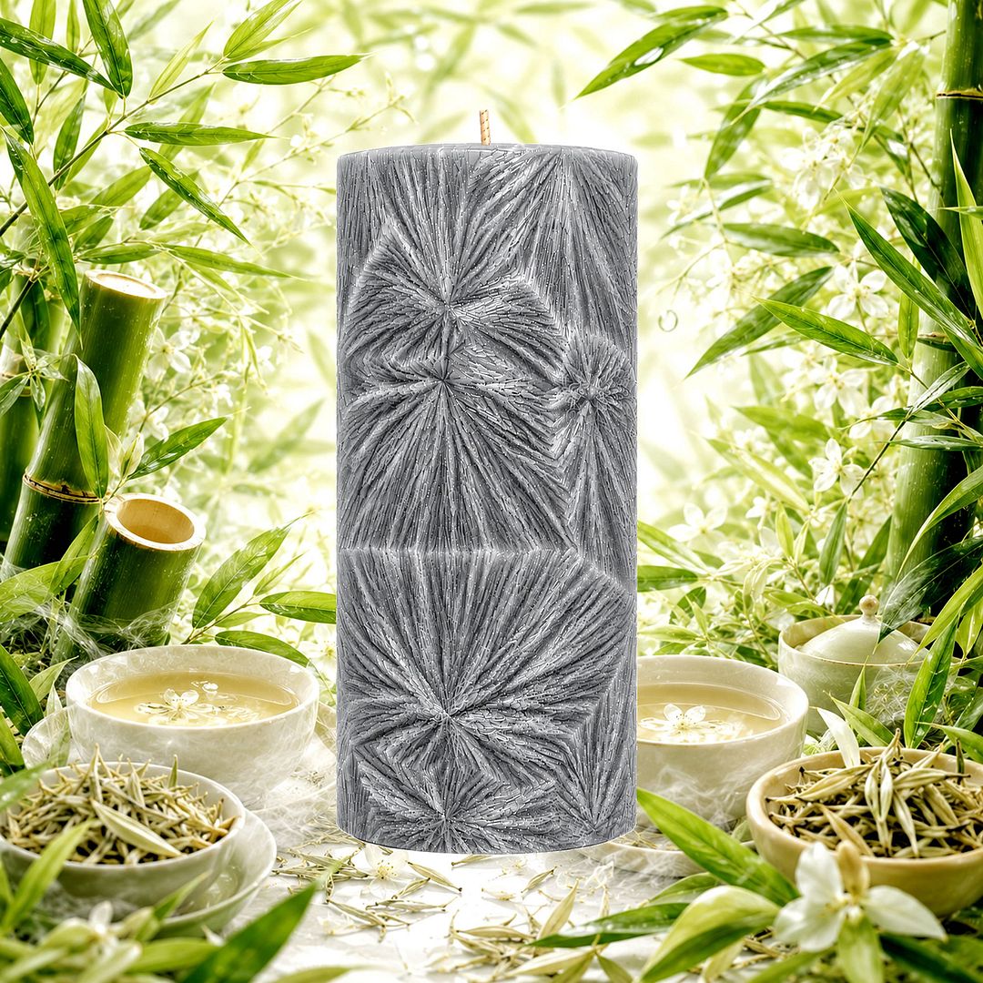 Bamboo & White Tea plant based Pillar Candle – vegan, cruelty-free featuring featuring clean bamboo and soft white tea fragrance, handmade in Australia.