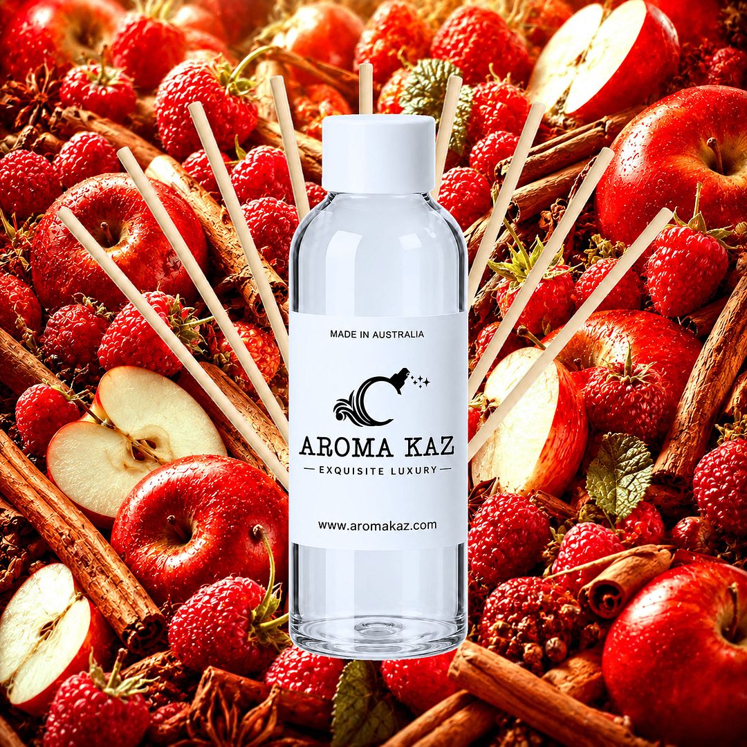 Apple Cinnamon Raspberry Diffuser Fragrance Oil Refill – vegan, cruelty-free featuring fruit-spice blend with sweet apple, raspberry and cinnamon, handmade in Australia.