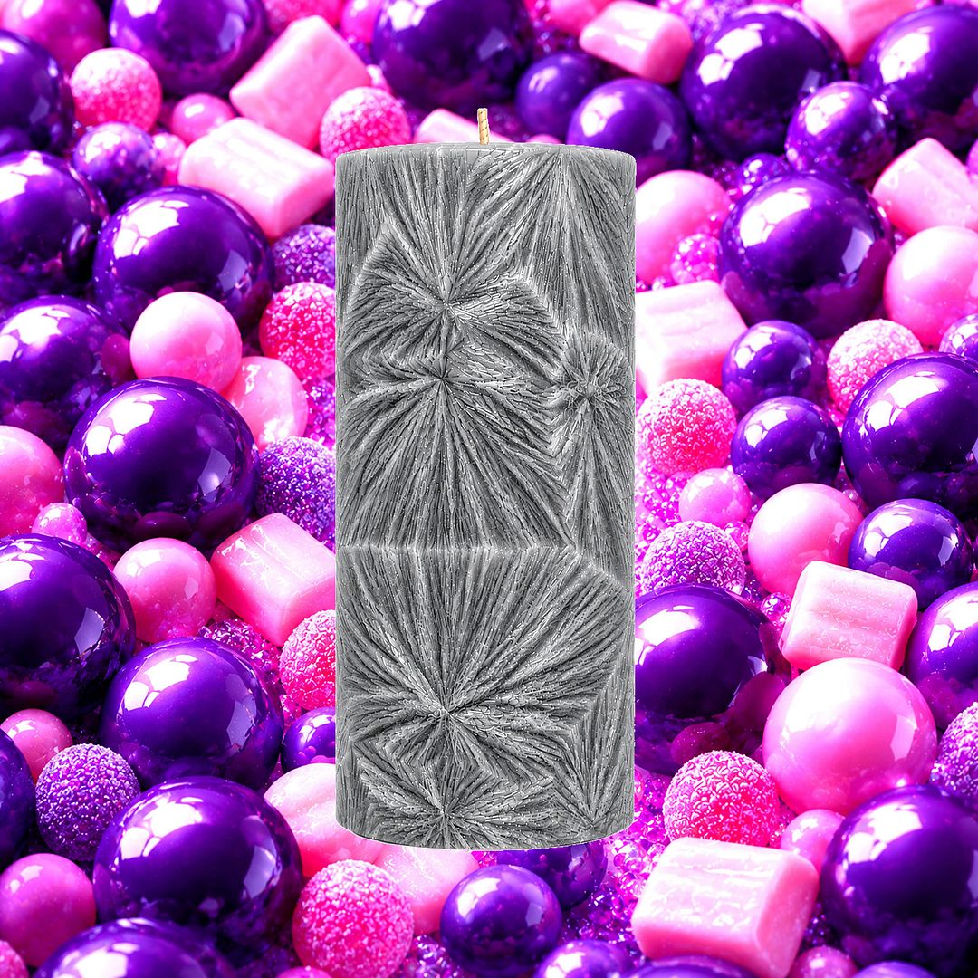 Grape Bubblegum plant based Pillar Candle – vegan, cruelty-free featuring sweet grape candy bubblegum aroma, handmade in Australia.